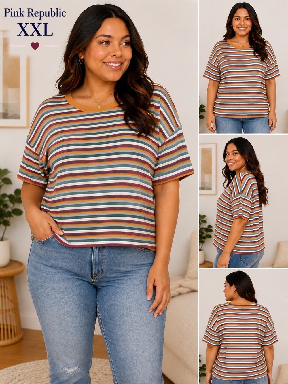 Pink Republic colorful semi cropped Stripe Tee XXL NWT Oversized Casual Top